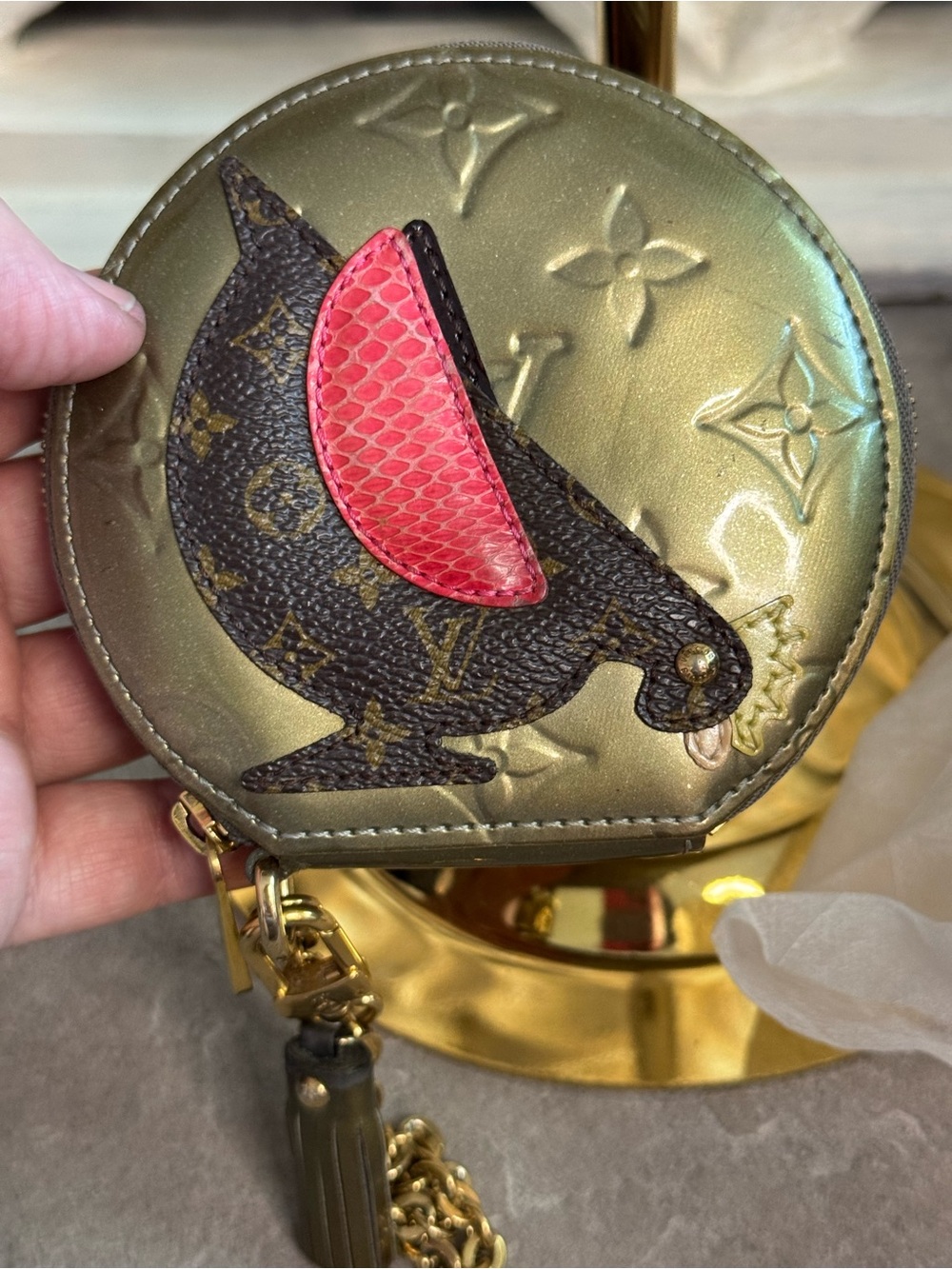 Louis Vuitton Green Monogram Bird Coin Pouch with Pink Wing